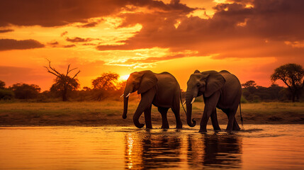 Fototapeta na wymiar two elephants walk in the savannah in nature at sunset