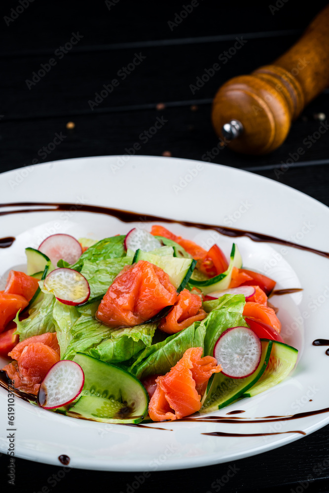 Sticker salad with salmon, radish, cucumber, lettuce and balsamic vinegar, closeup.