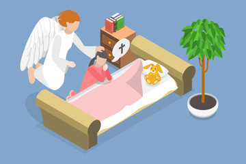 3D Isometric Flat Vector Conceptual Illustration of Angel Biblical Religious Character , Divine Support