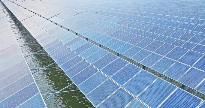Aerial photography of solar panel power station on water