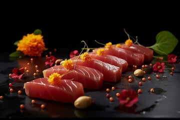 Close up to 3d Model Mocking up the sliced raw tuna piece cube with salmonkun isolated on black background. Tuna sashimi, raw fish in traditional Japanese style. Generative AI.