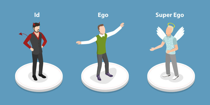 3D Isometric Flat Vector Conceptual Illustration of Id, Ego, And Superego, Psychology Models