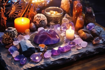 Beautiful esoteric and mystical altar for meditation with crystals and semi-precious stones, Zen Temple. Generative AI.