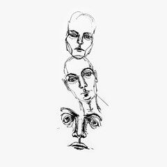 Many faces drawing by hand with black ink on white paper. Black and white artwork.