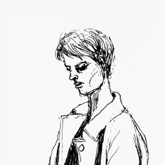 Portrait of young guy. Drawing by hand with black ink on white paper. Black and white artwork.