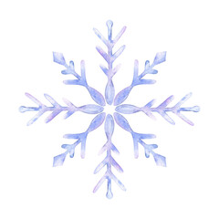 Snowflake. Watercolor illustration. Isolated. Holiday traditional decoration, symbol of winter and cold weather. For card, poster, greeting, postcard, invitation, banner.