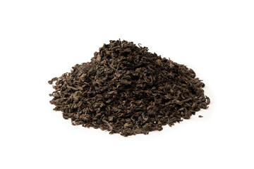 Dried tea leaves isolated on a white background.