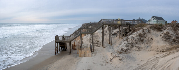 Panoramic View of Outer banks beach and stairs