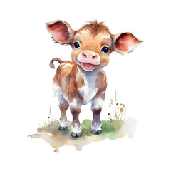 Watercolor cartoon little cow. Happy farm animal illustration. Generative AI
