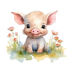 Watercolor cartoon little pig. Happy farm animal illustration. Generative AI