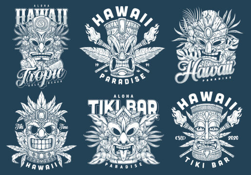 Hawaiian tiki masks set logotypes