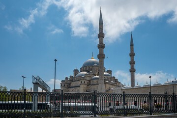 Touristic boats in Golden Horn bay of Istanbul and view on Suleymaniye mosque, Turkey