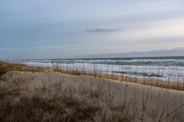 Looking at Peacefull Beach With sand dune and Tall grass in the foreground
