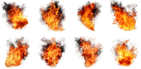 Fire flames collection, isolated on transparent background, Generative AI