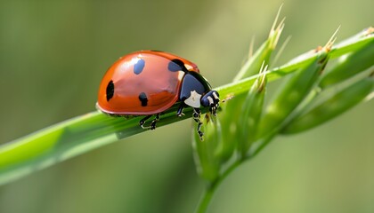 Fototapeta premium Adorable Ladybug Exploring the Green Blades of Grass