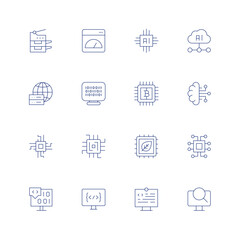 Technology line icon set on transparent background with editable stroke. Containing scanner, app, artificial intelligence, big data, binary code, bitcoin, brain, chip, coding, computer.