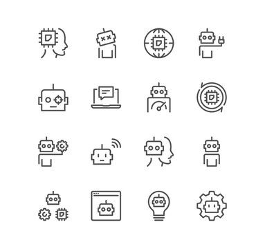 Set of artificial intelligence related icons, algorithm, self learning, face recognition and linear variety symbols.

