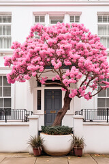 A tree with pink flowers in front of the white wall of the building. Generative AI