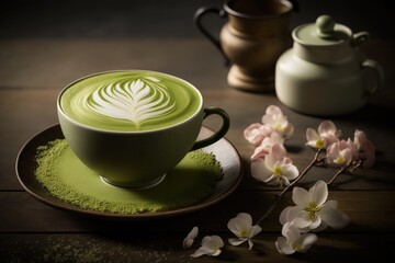 A cup of matcha latte stands on a wooden table. Generative Ai