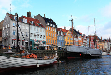 Colourful facade and ships along the Nyhavn Canal, Copenhagen, Denmark