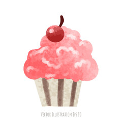 Cupcakes topped with cherries hand drawn, isolated on white background  ,vector illustration EPS 10
