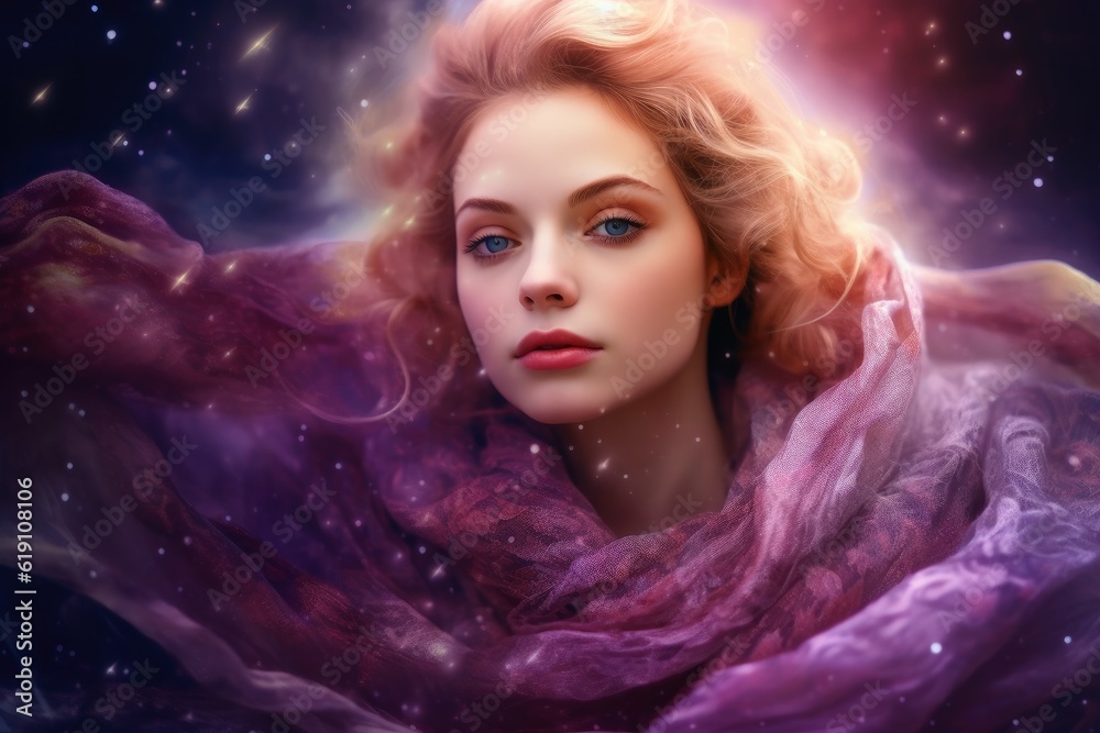 Wall mural ethereal and mesmerizing woman portrait in a galaxy environment created with generative ai technolog