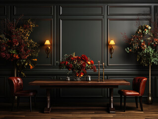 Fototapeta na wymiar Blank Wall In cozy dark Dining Room Interior, Mockups Design 3D, High-quality Mockups, Generative Ai
