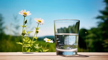 Glass of water on table in front of green landscape. Fresh mineral healthy drinking water....