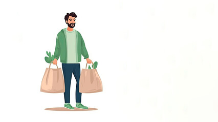 Illustration of young man holding eco textile bag with vegetables, zero waste concept, white background. 