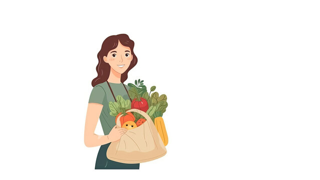 Illustration of young woman holding eco textile bag with vegetables, zero waste concept, white background. AI generated