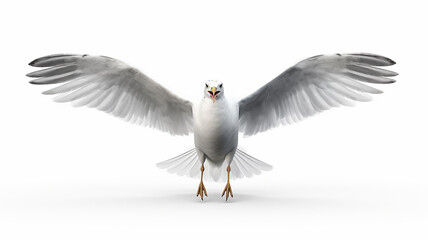Obraz premium The giant seagull gracefully spreads its wings and soars over a white background. generative AI