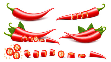 Set of whole and chopped Red chili peppers or paprika. Cayenne pepper. Capsicum annuum. Pieces with seeds, circles, chopped pepper with seeds. Realistic 3d vector illustration