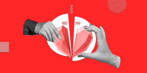 Divorce, Relationships, Feelings, Psychology, Misunderstandings. Man and woman holding halves of...