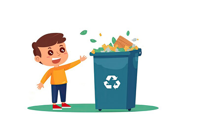 Illustration of child throwing trash in blue recycling bin recycling container waste container on white background. Copy space. Zero waste concept. Environmental awareness education. AI generated