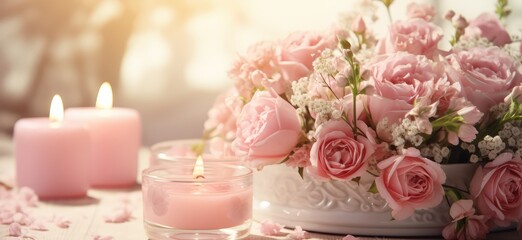 Table with pink flowers candles and silver