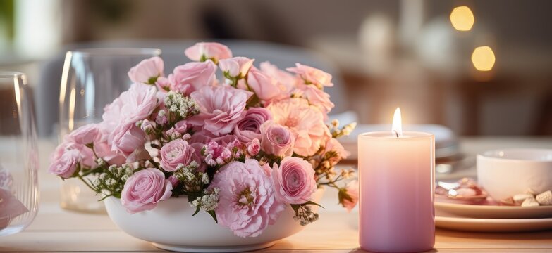 Table with pink flowers candles and silver
