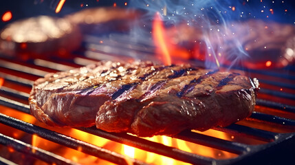 Fototapeta na wymiar beef ribeye steak grilling on flaming grill during 4th of july