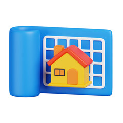 Architectural model of houses on blueprint. Construction tools minimal icon isolated. 3D render illustration.