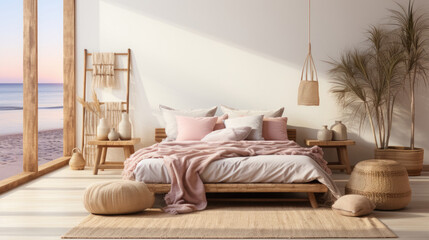 Home mockup Coastal boho bedroom interior background, Mockups Design 3D, High-quality Mockups, Generative Ai