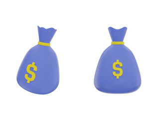 3d money bag, accounting pack, 3d render icon illustration, 2 view angle, transparent background