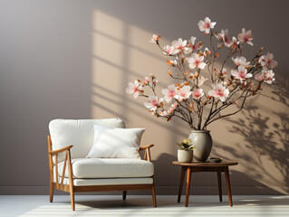 Living room interior with white armchair and flower, Mockups Design 3D, High-quality Mockups, Generative Ai
