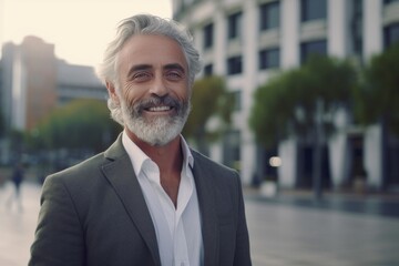 Happy gray hair mature businessman smiling, walking on city street outdoors. Generative AI