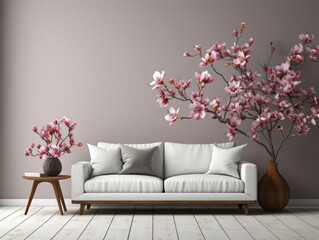 Living room interior with white sofa and flower white, Mockups Design 3D, High-quality Mockups, Generative Ai, Mockups Design 3D, High-quality Mockups, Generative Ai
