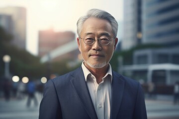 Asian mature gray hair male businessperson in glasses and suit walks outdoors in city. Generative AI