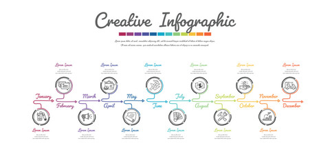 Presentation business, Infographic hand drawn for 12 months, 1 year,  Can be used for timeline, Doodle infographic vector.