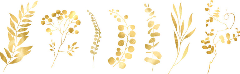 Botanical line art silhouette golden leaves, Golden Linear floral Leaves Set. Vector Gold luxury line collection. Hand drawn vector illustration in linear style, graphic clipart for wedding invitation