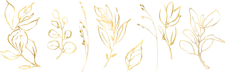 Botanical line art silhouette golden leaves, Golden Linear floral Leaves Set. Vector Gold luxury line collection. Hand drawn vector illustration in linear style, graphic clipart for wedding invitation - obrazy, fototapety, plakaty