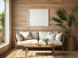 Mockup frame in cozy coastal home interior background, Mockups Design 3D, High-quality Mockups, Generative Ai
