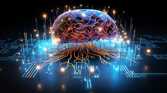 leuchtender Computer Chip mit Gehirn als Symbol f&uuml;r K&uuml;nstliche Intelligenz, generative AI	
