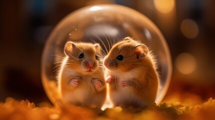 Two little hamsters sitting inside of a glass ball. Generative AI image.